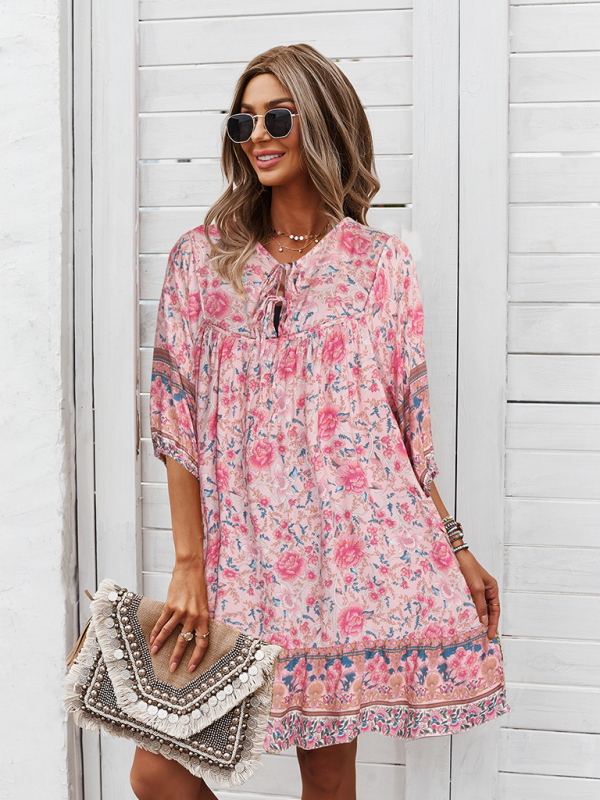 New casual V-neck positioning flower new product loose skirt-chiquechics