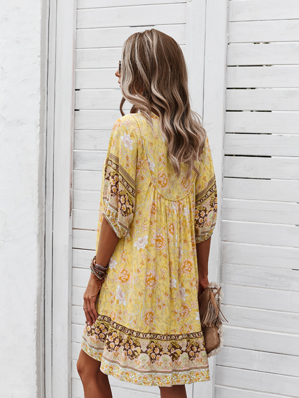 New casual V-neck positioning flower new product loose skirt-chiquechics