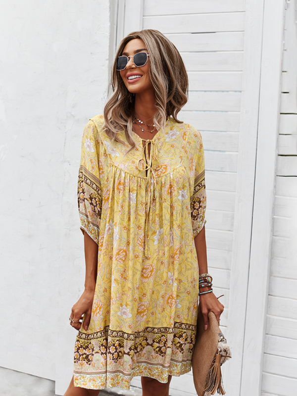 New casual V-neck positioning flower new product loose skirt-chiquechics