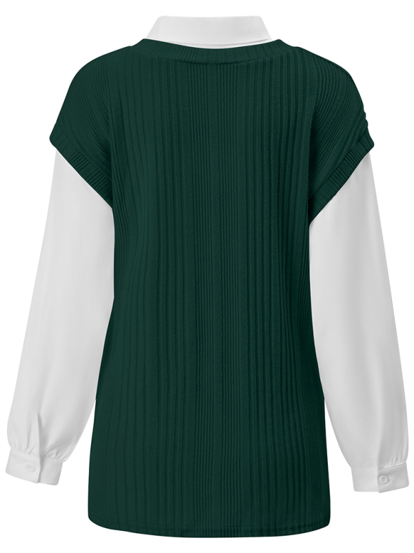 New Ladies New Arrivals Casual Solid Color Fake Two Piece Slim Tops-chiquechics
