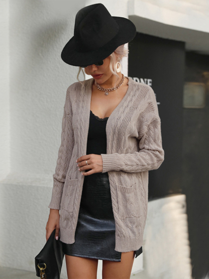 Ladies Twist Long Sleeve Solid Color Sweater Cardigan Jacket-chiquechics