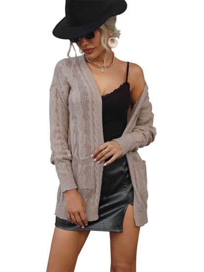 Ladies Twist Long Sleeve Solid Color Sweater Cardigan Jacket-chiquechics