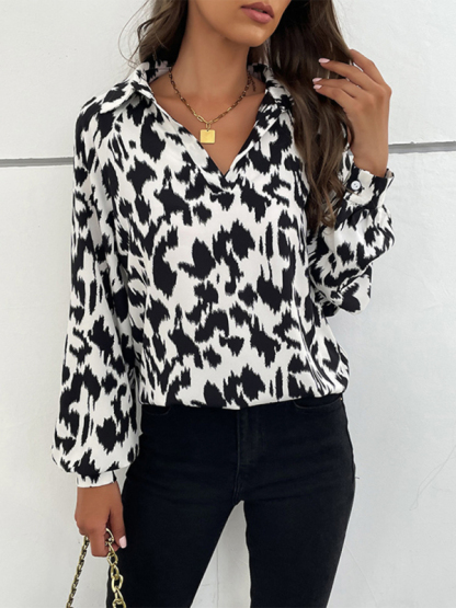 New Retro Fashion Lapel Long Sleeve Printed Shirt Top-chiquechics