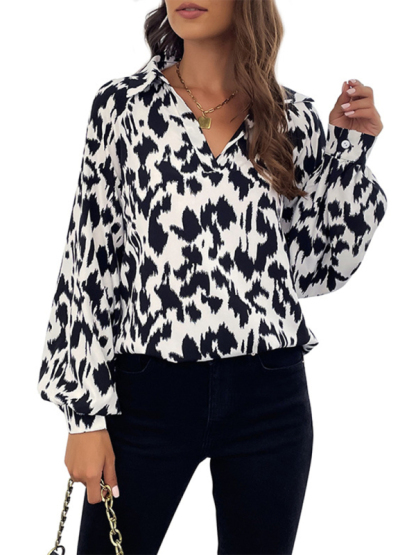 New Retro Fashion Lapel Long Sleeve Printed Shirt Top-chiquechics