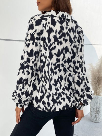 New Retro Fashion Lapel Long Sleeve Printed Shirt Top-chiquechics