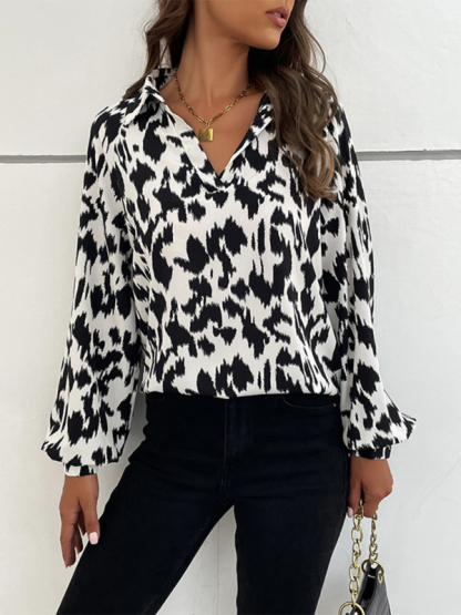 New Retro Fashion Lapel Long Sleeve Printed Shirt Top-chiquechics
