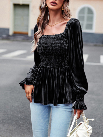 New temperament commuter long-sleeved velvet shirt top-chiquechics