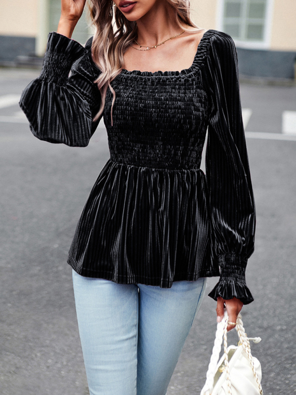 New temperament commuter long-sleeved velvet shirt top-chiquechics