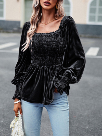 New temperament commuter long-sleeved velvet shirt top-chiquechics