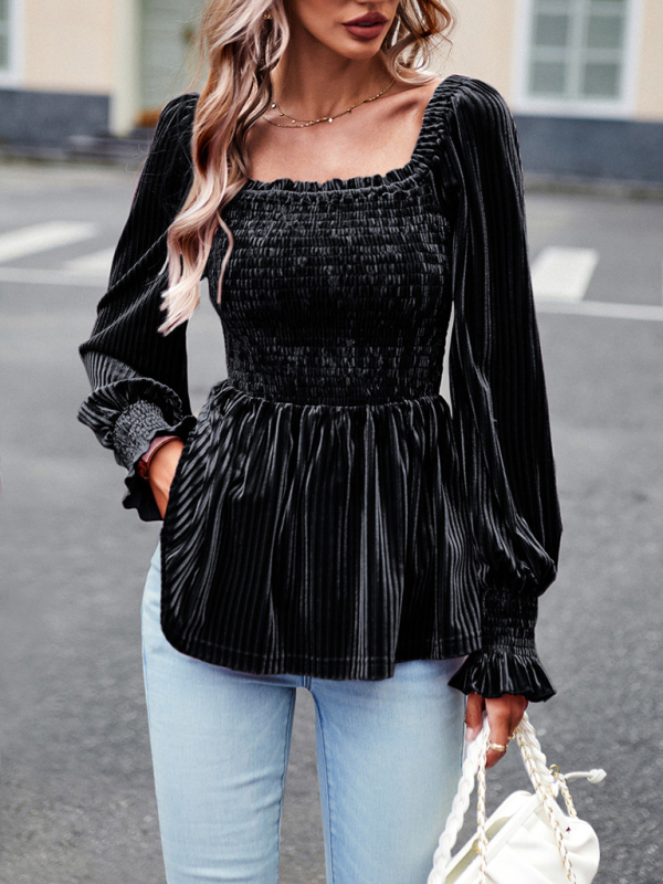 New temperament commuter long-sleeved velvet shirt top-chiquechics