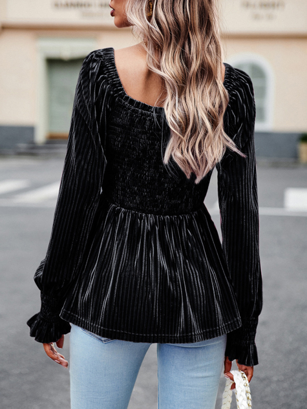 New temperament commuter long-sleeved velvet shirt top-chiquechics
