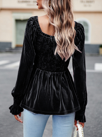 New temperament commuter long-sleeved velvet shirt top-chiquechics