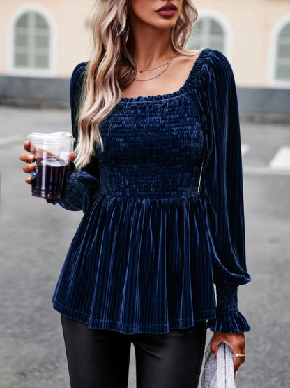 New temperament commuter long-sleeved velvet shirt top-chiquechics