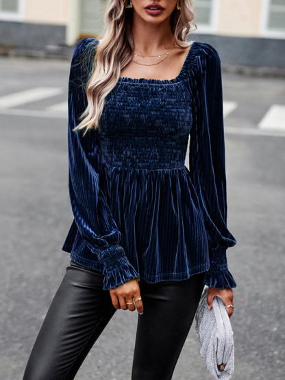 New temperament commuter long-sleeved velvet shirt top-chiquechics
