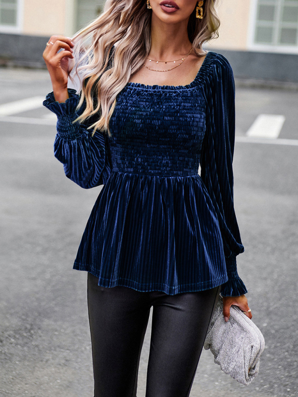 New temperament commuter long-sleeved velvet shirt top-chiquechics