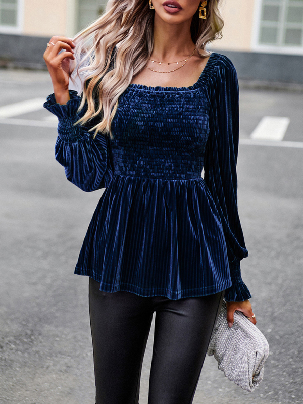 New temperament commuter long-sleeved velvet shirt top-chiquechics