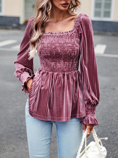 New temperament commuter long-sleeved velvet shirt top-chiquechics