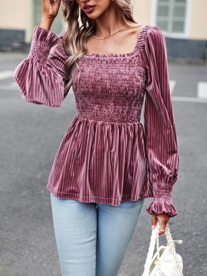 New temperament commuter long-sleeved velvet shirt top-chiquechics