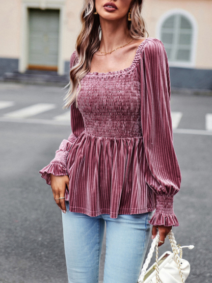 New temperament commuter long-sleeved velvet shirt top-chiquechics