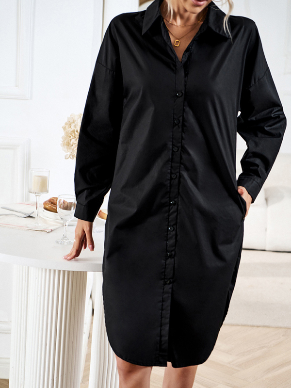 Women's solid color casual all-match long-sleeved shirt dress-chiquechics