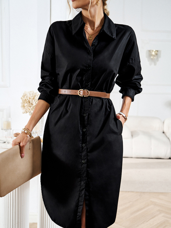 Women's solid color casual all-match long-sleeved shirt dress-chiquechics
