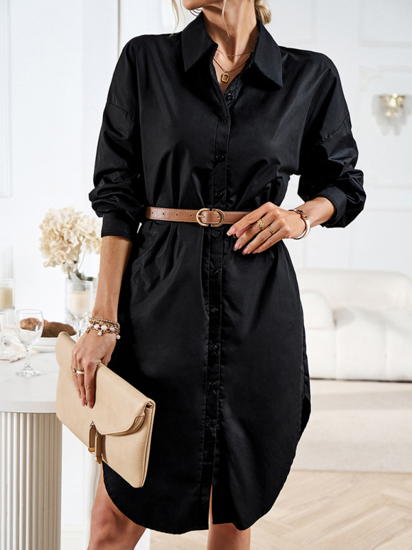 Women's solid color casual all-match long-sleeved shirt dress-chiquechics