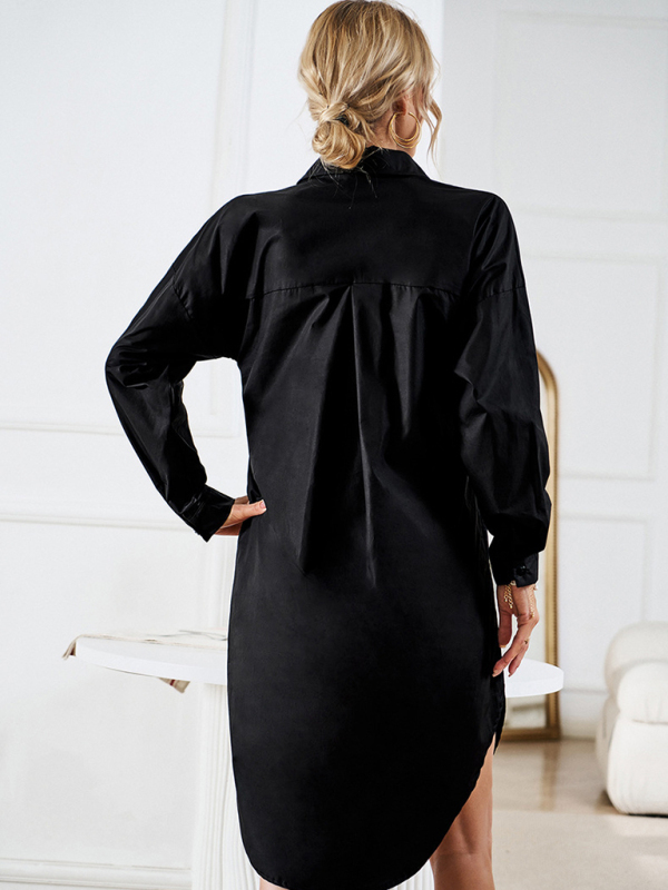 Women's solid color casual all-match long-sleeved shirt dress-chiquechics
