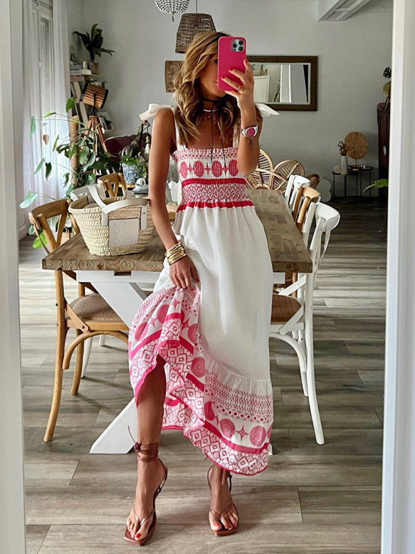 New Tie Printed Sweet Elastic Bohemian Maxi Dress-chiquechics