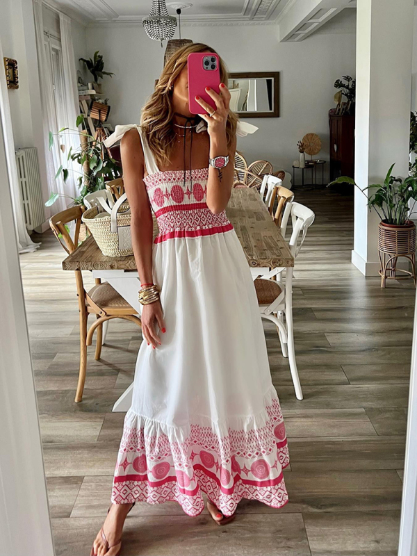 New Tie Printed Sweet Elastic Bohemian Maxi Dress-chiquechics