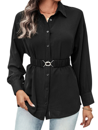 New mid-length long-sleeved black shirt top-chiquechics
