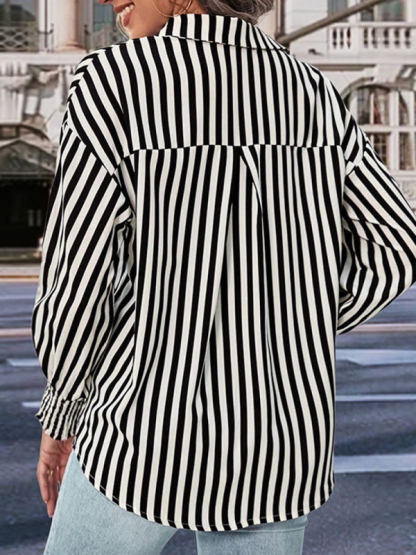 New long sleeve black and white striped shirt top-chiquechics