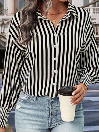 New long sleeve black and white striped shirt top-chiquechics