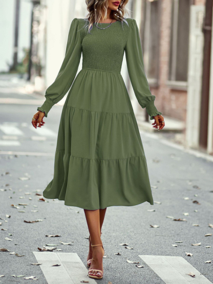 Elastic waist mid-length dress for casual vacation-chiquechics
