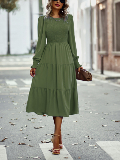 Elastic waist mid-length dress for casual vacation-chiquechics