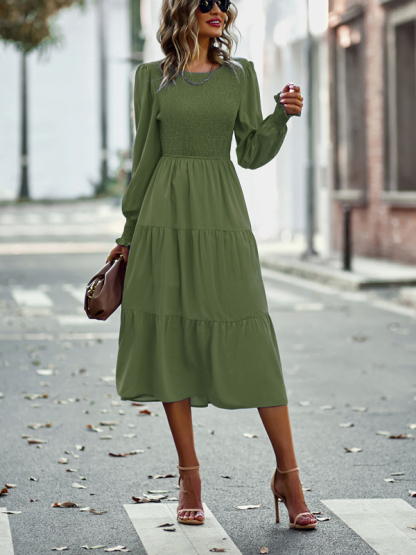 Elastic waist mid-length dress for casual vacation-chiquechics