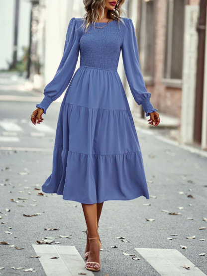 Elastic waist mid-length dress for casual vacation-chiquechics