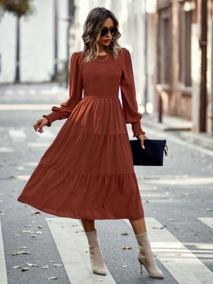 Elastic waist mid-length dress for casual vacation-chiquechics