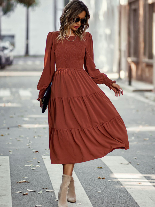 Elastic waist mid-length dress for casual vacation-chiquechics