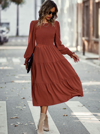 Elastic waist mid-length dress for casual vacation-chiquechics