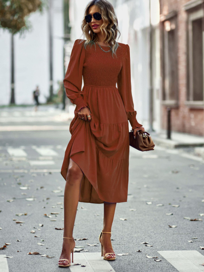 Elastic waist mid-length dress for casual vacation-chiquechics