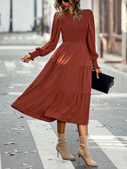 Elastic waist mid-length dress for casual vacation-chiquechics