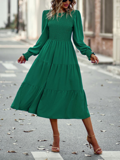 Elastic waist mid-length dress for casual vacation-chiquechics