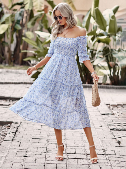 Puff Sleeve Narrow Waist Large Skirt Floral Print Dress-chiquechics