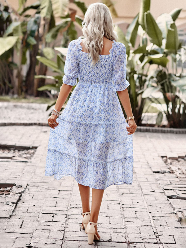 Puff Sleeve Narrow Waist Large Skirt Floral Print Dress-chiquechics