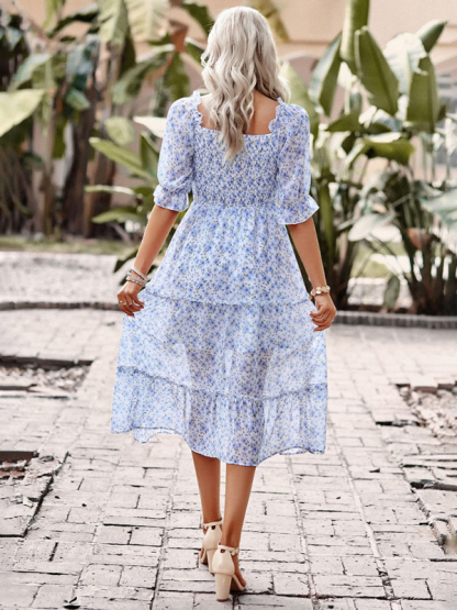 Puff Sleeve Narrow Waist Large Skirt Floral Print Dress-chiquechics