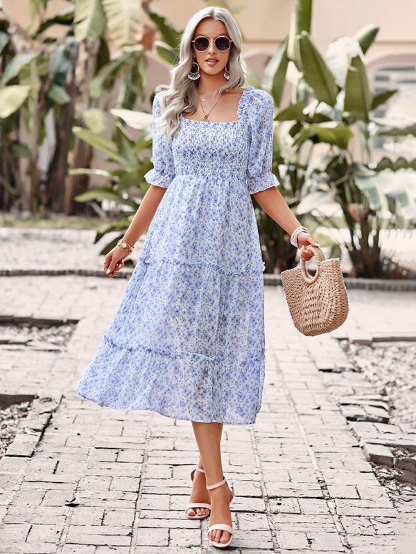 Puff Sleeve Narrow Waist Large Skirt Floral Print Dress-chiquechics
