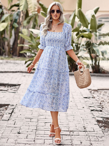 Puff Sleeve Narrow Waist Large Skirt Floral Print Dress-chiquechics