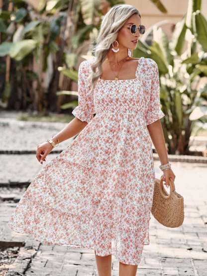 Puff Sleeve Narrow Waist Large Skirt Floral Print Dress-chiquechics