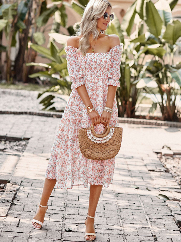 Puff Sleeve Narrow Waist Large Skirt Floral Print Dress-chiquechics