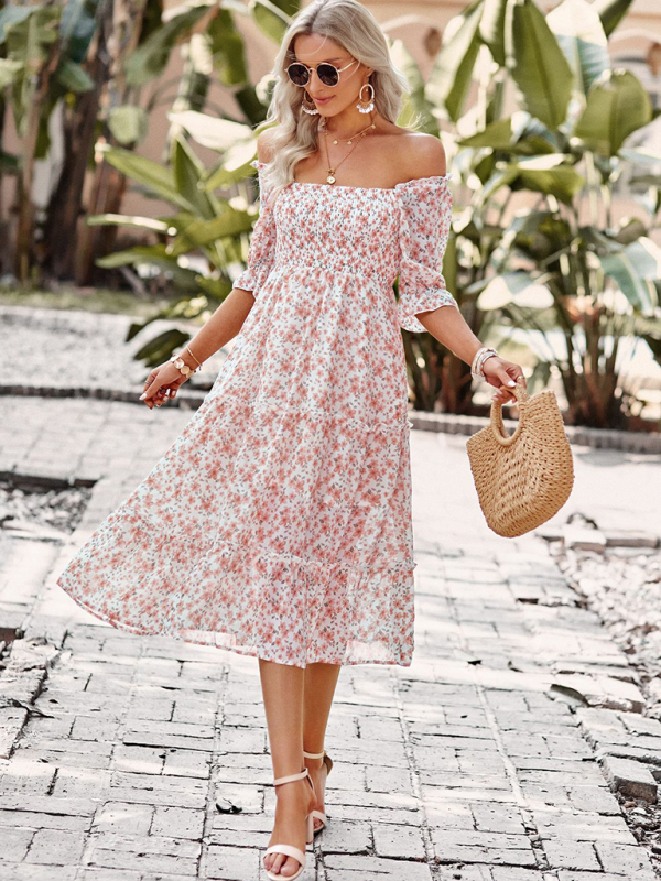 Puff Sleeve Narrow Waist Large Skirt Floral Print Dress-chiquechics